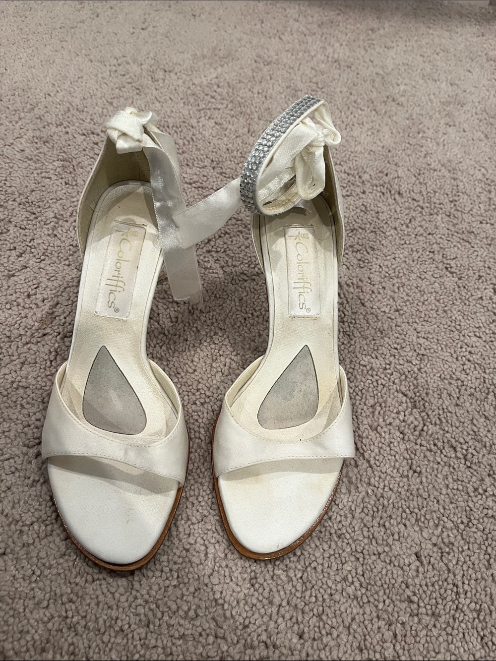 Ivory Satin Ankle-Strap Heels with Rhinestone Accent
